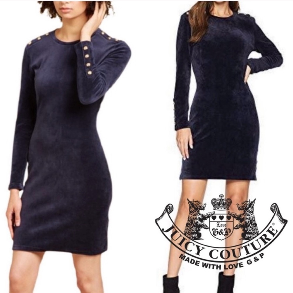 Juicy Couture Nautical 40s Vibe Navy Velvet & Gold Accents Dress